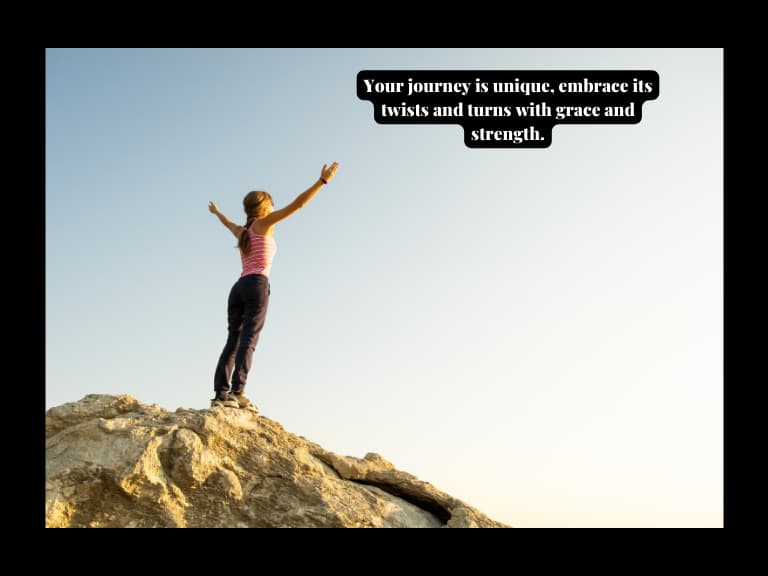 A  woman_ standing on top  of_ a mountain arms raised high facing the sunrise with a international women's day quote your journey is unique embrace its twists and turns with grace 