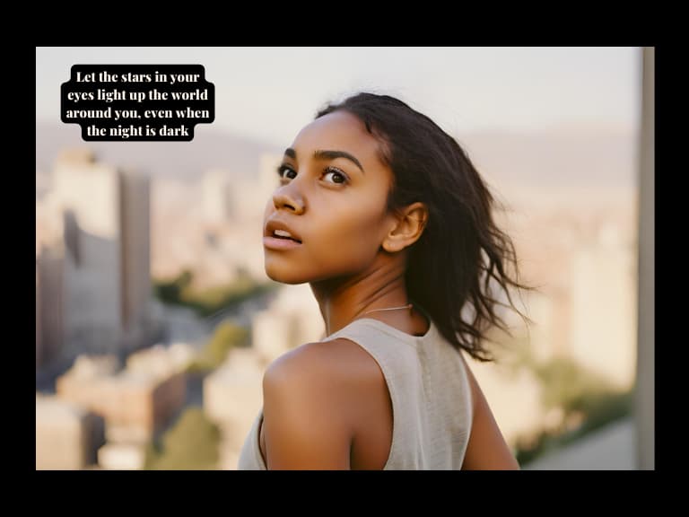 A young woman looking up with determination with a blurred background of a cityscape with inspirational women's day quote above her