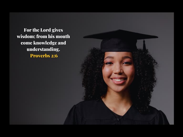 a woman in a graduation cap and gown with inspirational bible verses for students
